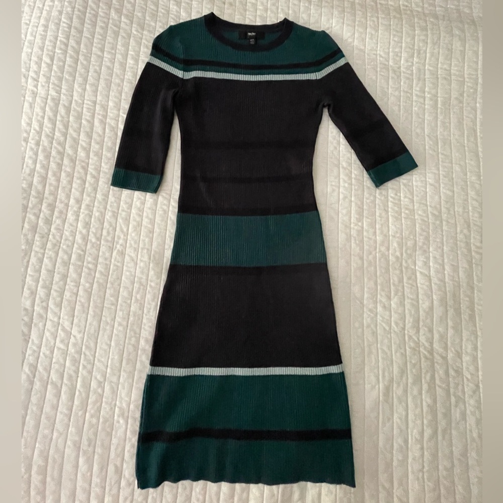Blue, green and white striped midi sweater dress 3/4 sleeves.